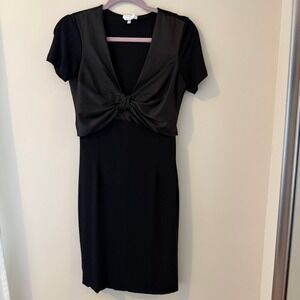 Max Mara Black Satin Bow Front V-Neck Short‎ Sleeve Midi Dress Made in Italy 44